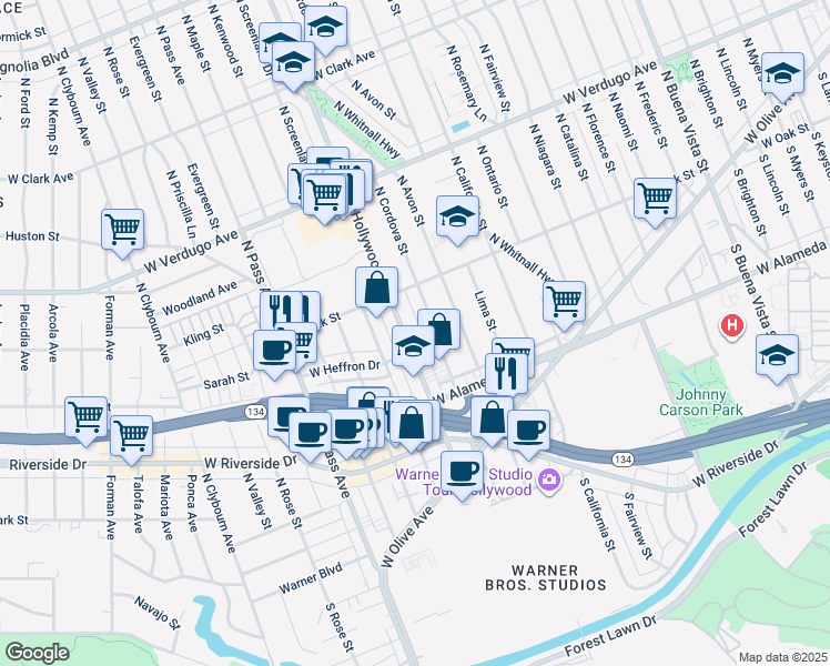 map of restaurants, bars, coffee shops, grocery stores, and more near 322 North Hollywood Way in Burbank