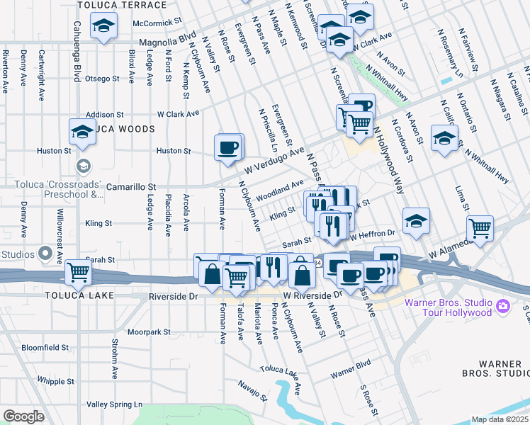 map of restaurants, bars, coffee shops, grocery stores, and more near 4401 West Kling Street in Burbank