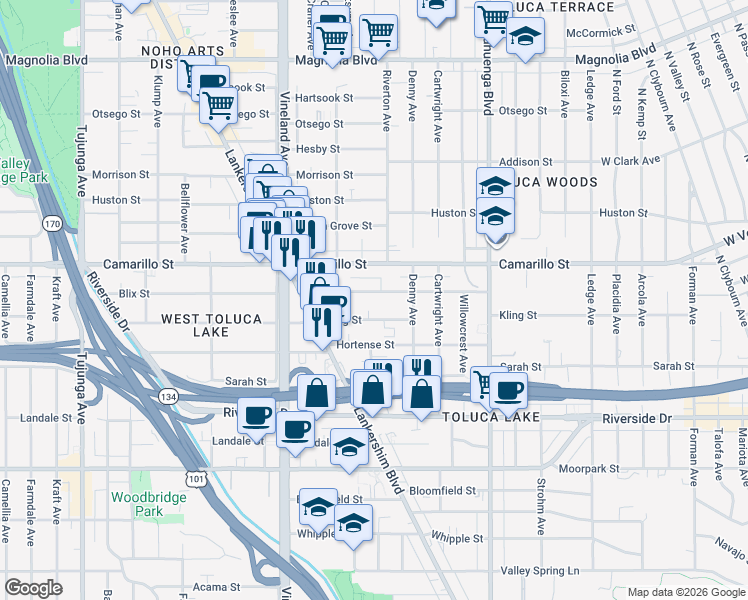 map of restaurants, bars, coffee shops, grocery stores, and more near 10816 Blix Street in Los Angeles
