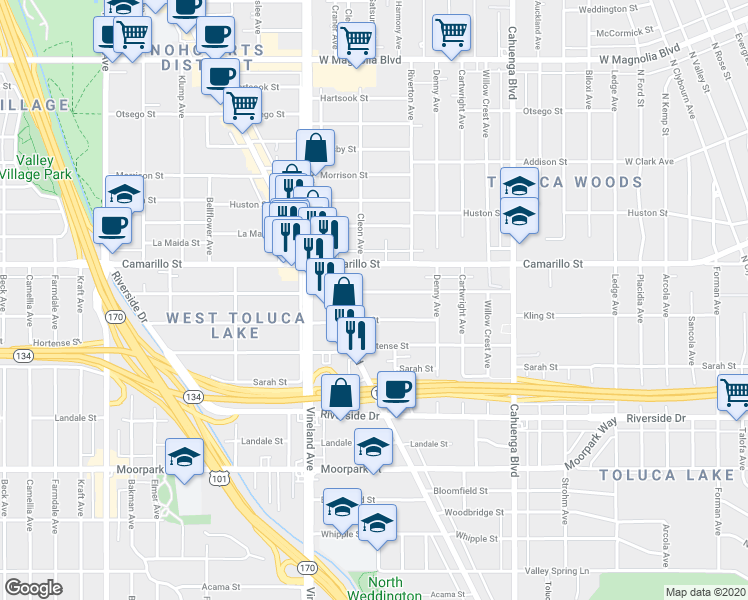 map of restaurants, bars, coffee shops, grocery stores, and more near 10864 Blix Street in Los Angeles