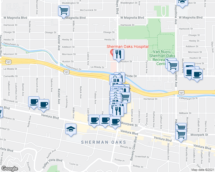 map of restaurants, bars, coffee shops, grocery stores, and more near 4712 Vesper Avenue in Los Angeles