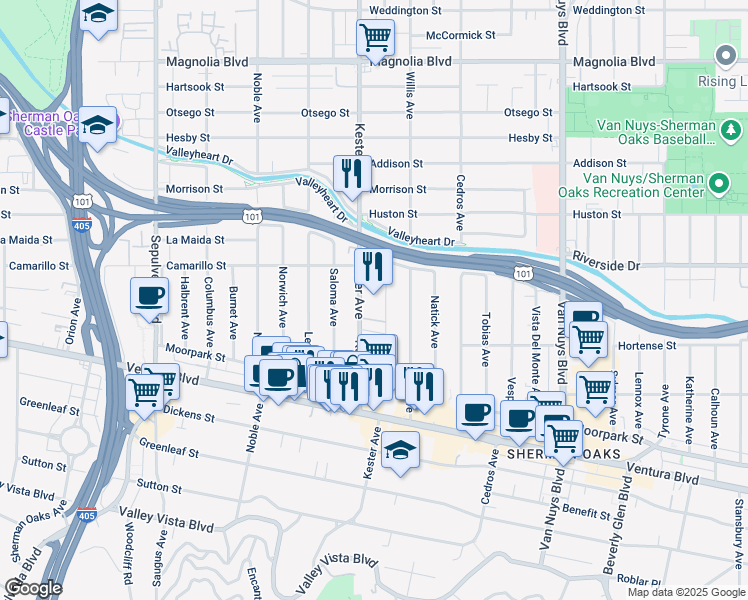 map of restaurants, bars, coffee shops, grocery stores, and more near 4724 Kester Avenue in Los Angeles