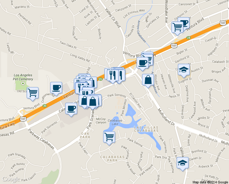 map of restaurants, bars, coffee shops, grocery stores, and more near 23477 Park Sorrento in Calabasas