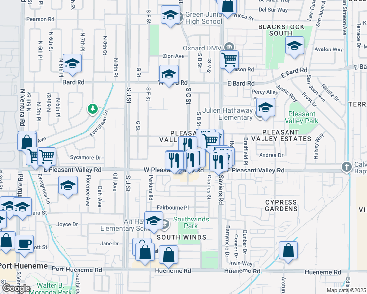 map of restaurants, bars, coffee shops, grocery stores, and more near 4901 South C Street in Oxnard