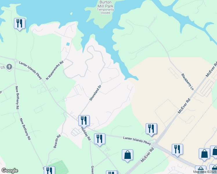 map of restaurants, bars, coffee shops, grocery stores, and more near 6132 Hutchins Drive in Buford