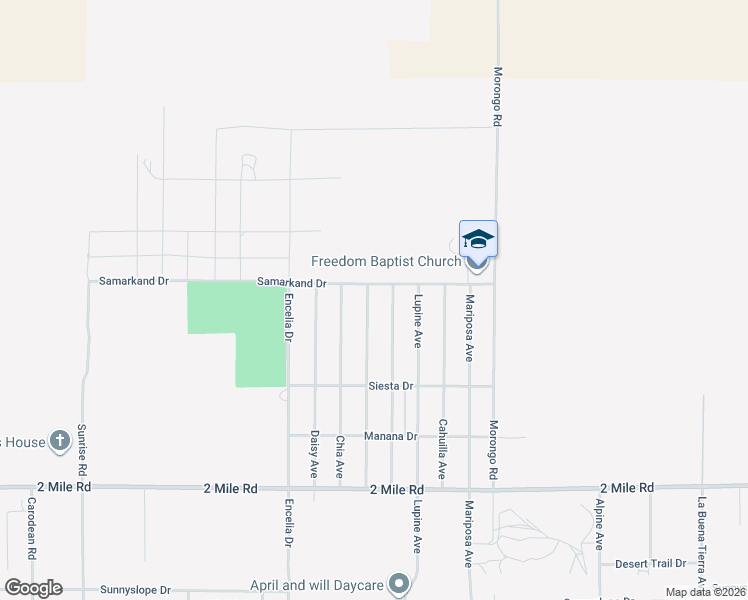 map of restaurants, bars, coffee shops, grocery stores, and more near 5333 Baileya Avenue in Twentynine Palms