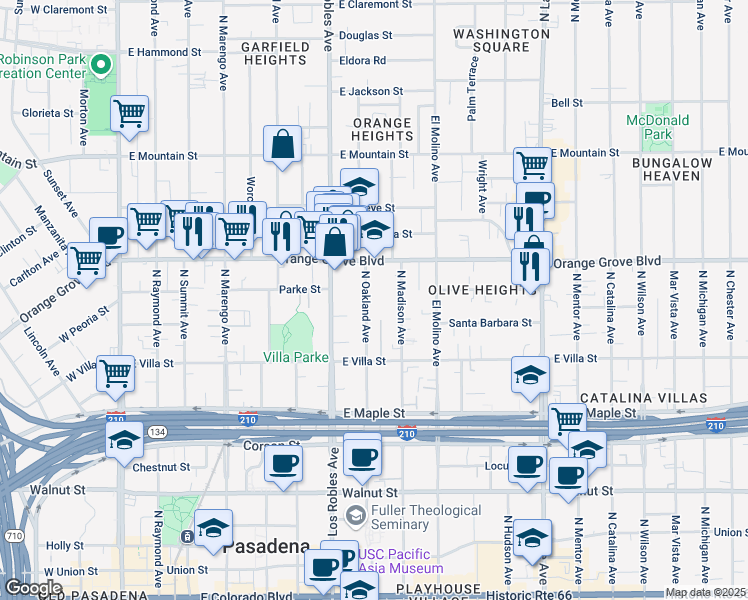map of restaurants, bars, coffee shops, grocery stores, and more near 607 North Oakland Avenue in Pasadena