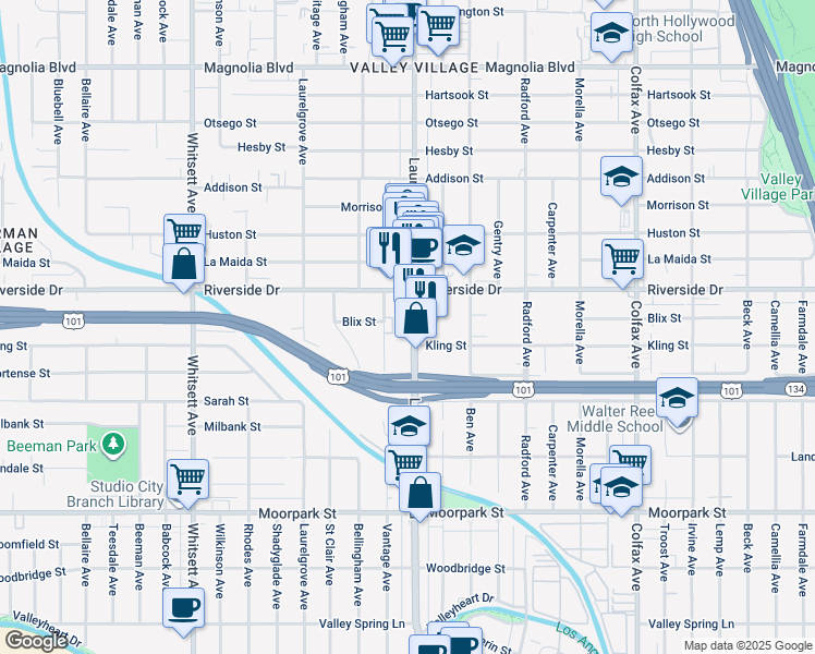 map of restaurants, bars, coffee shops, grocery stores, and more near 4740 Laurel Canyon Boulevard in Los Angeles