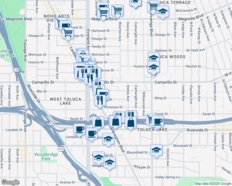 map of restaurants, bars, coffee shops, grocery stores, and more near 10814 Blix Street in Los Angeles