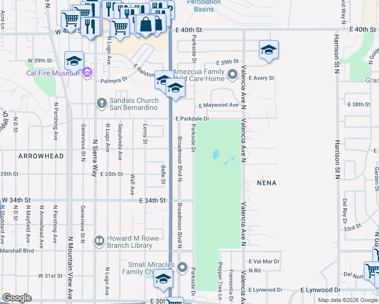 map of restaurants, bars, coffee shops, grocery stores, and more near 3595 Broadmoor Boulevard North in San Bernardino