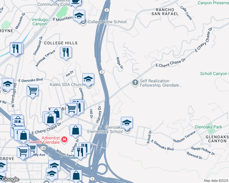 map of restaurants, bars, coffee shops, grocery stores, and more near 2057 East Chevy Chase Drive in Glendale