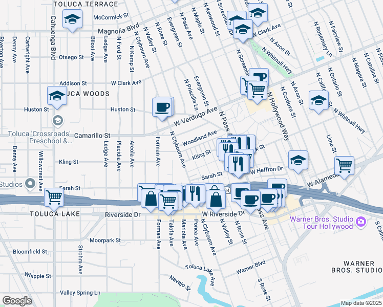 map of restaurants, bars, coffee shops, grocery stores, and more near 4401 West Kling Street in Burbank