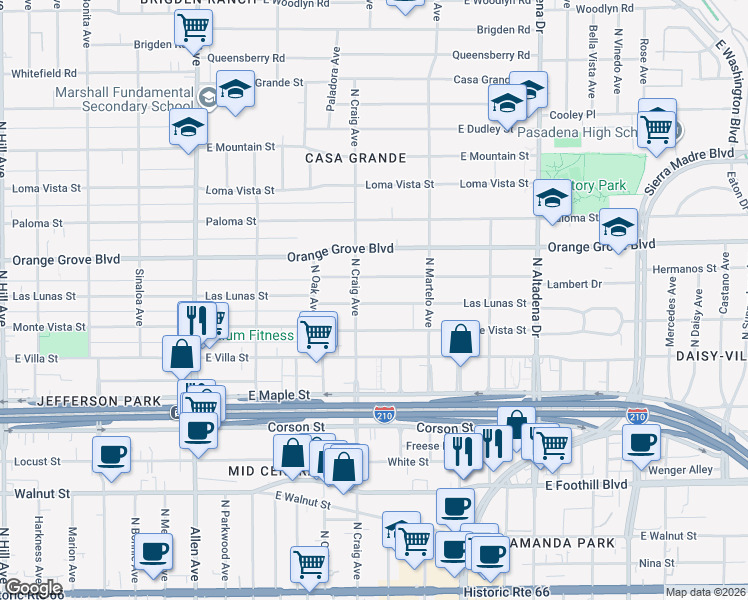 map of restaurants, bars, coffee shops, grocery stores, and more near 2175 Las Lunas Street in Pasadena