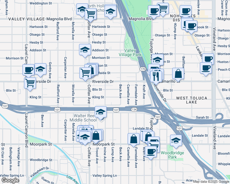 map of restaurants, bars, coffee shops, grocery stores, and more near 11556 Blix Street in Los Angeles