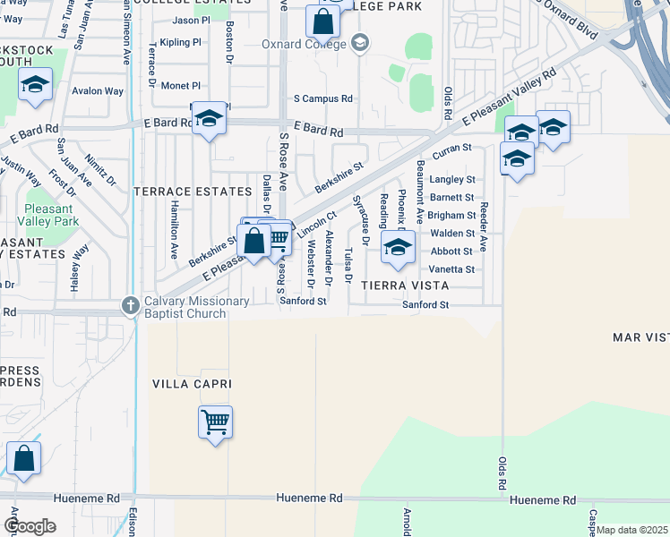 map of restaurants, bars, coffee shops, grocery stores, and more near 1850 Peoria Avenue in Oxnard