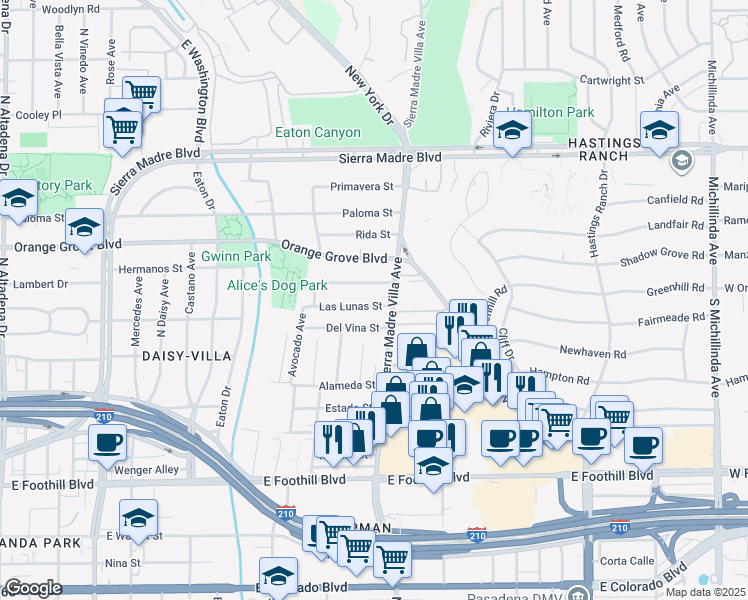 map of restaurants, bars, coffee shops, grocery stores, and more near 3295 Las Lunas Street in Pasadena