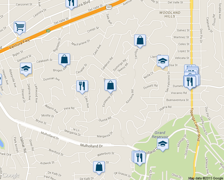 map of restaurants, bars, coffee shops, grocery stores, and more near 4809 Excelente Dr in Los Angeles