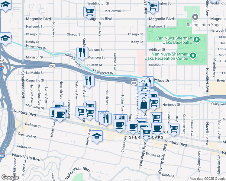 map of restaurants, bars, coffee shops, grocery stores, and more near 4711 Cedros Avenue in Los Angeles