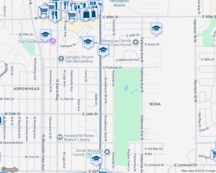 map of restaurants, bars, coffee shops, grocery stores, and more near 3595 Broadmoor Boulevard North in San Bernardino