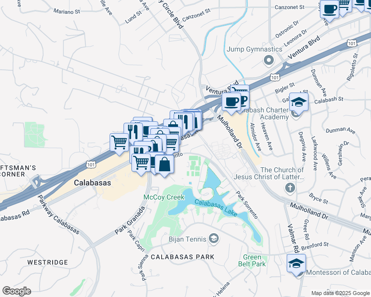 map of restaurants, bars, coffee shops, grocery stores, and more near 23477 Park Sorrento in Calabasas