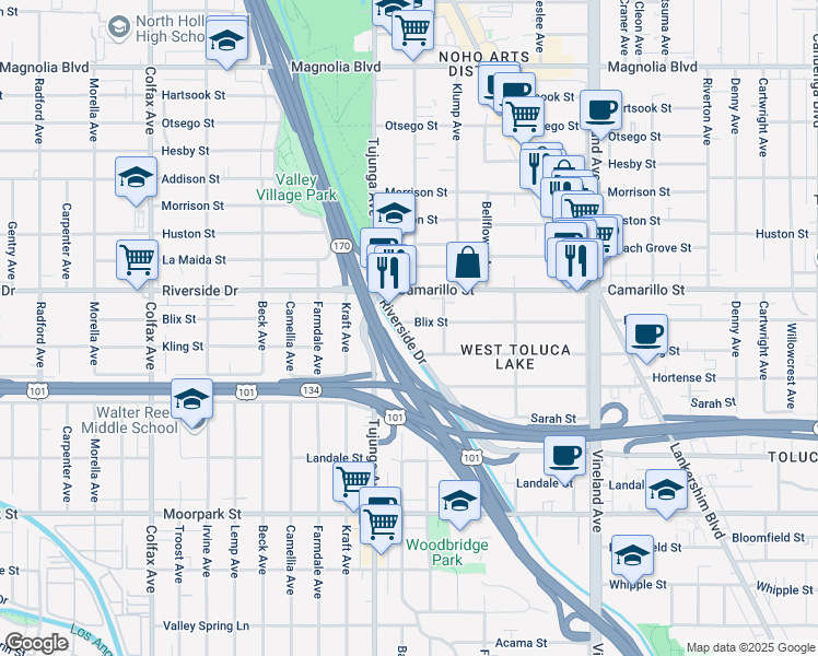 map of restaurants, bars, coffee shops, grocery stores, and more near 11330 Blix Street in Los Angeles