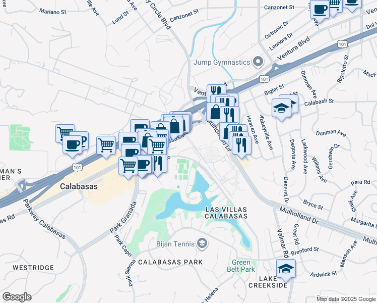 map of restaurants, bars, coffee shops, grocery stores, and more near 23401 Park Sorrento in Calabasas