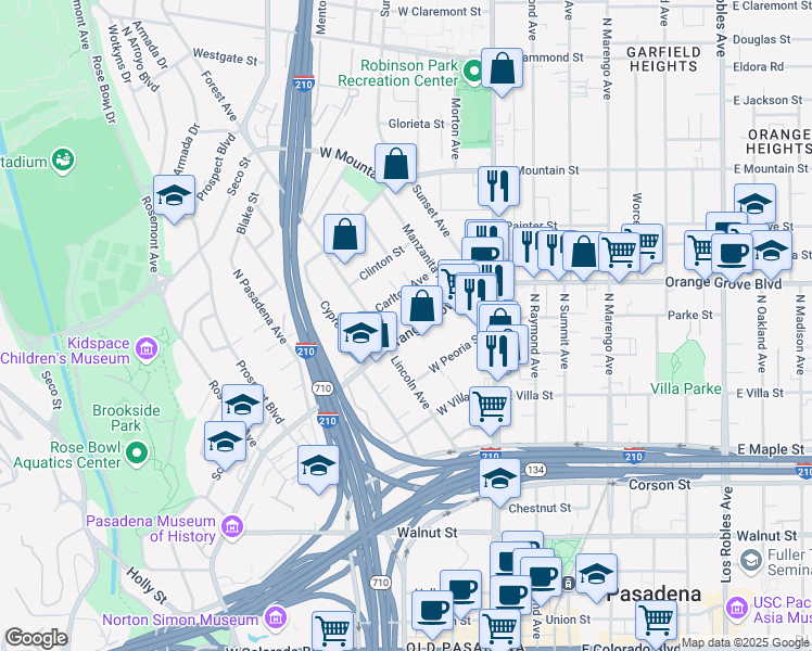 map of restaurants, bars, coffee shops, grocery stores, and more near 769 North Orange Grove Boulevard in Pasadena