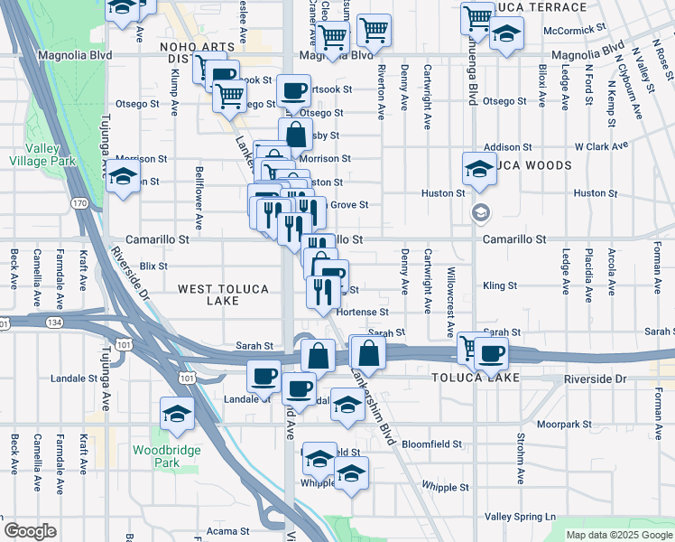 map of restaurants, bars, coffee shops, grocery stores, and more near 10864 Blix Street in Los Angeles