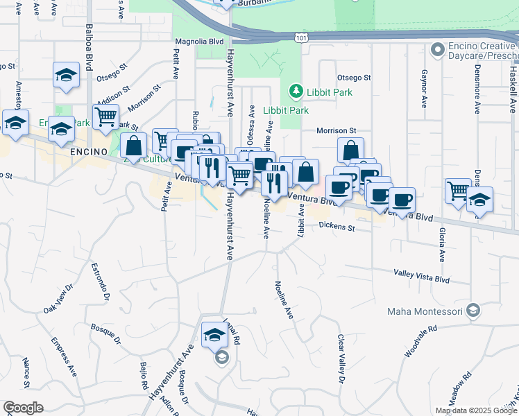 map of restaurants, bars, coffee shops, grocery stores, and more near 4735 Noeline Avenue in Los Angeles