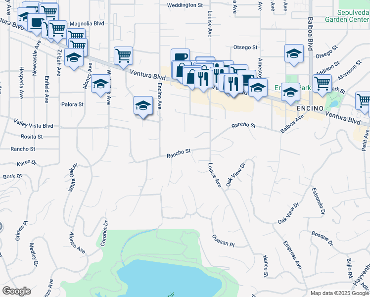 map of restaurants, bars, coffee shops, grocery stores, and more near 17401 Rancho Street in Los Angeles