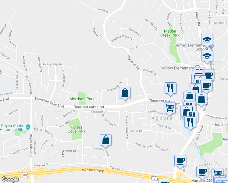 map of restaurants, bars, coffee shops, grocery stores, and more near 29608 Woodbrook Drive in Agoura Hills