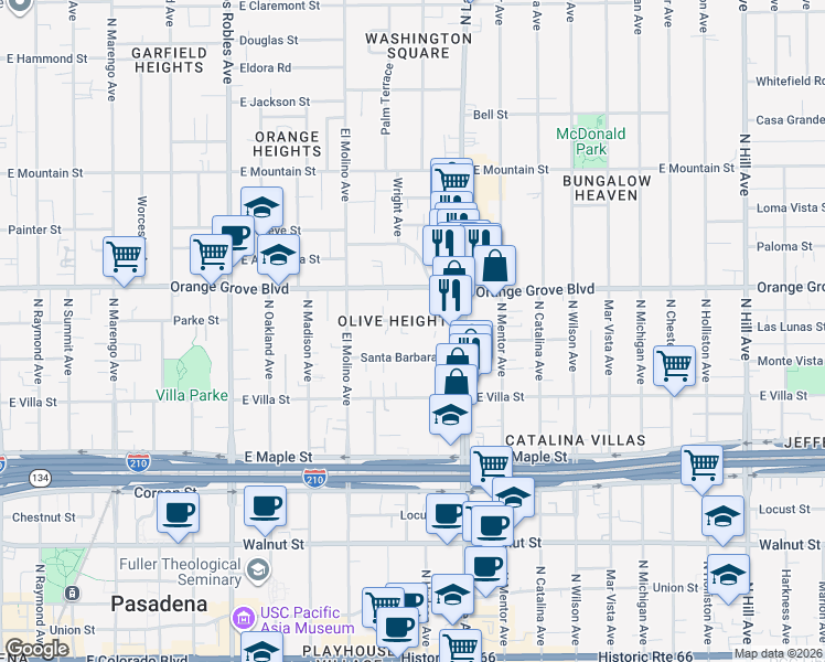 map of restaurants, bars, coffee shops, grocery stores, and more near 780 Earlham Street in Pasadena
