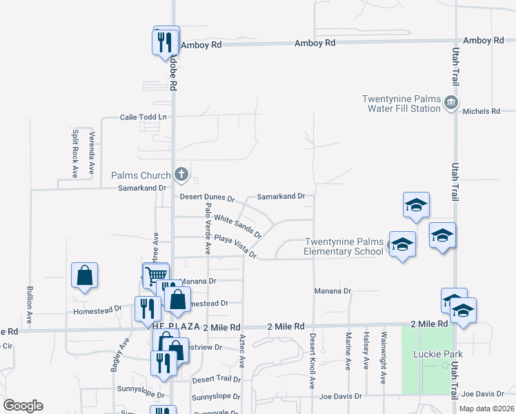 map of restaurants, bars, coffee shops, grocery stores, and more near 73940 Desert Dunes Drive in Twentynine Palms