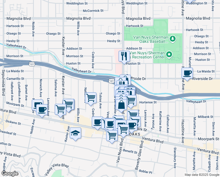 map of restaurants, bars, coffee shops, grocery stores, and more near 4712 Vesper Avenue in Los Angeles