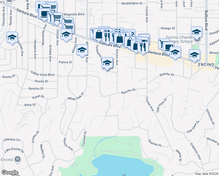 map of restaurants, bars, coffee shops, grocery stores, and more near 4678 White Oak Avenue in Los Angeles