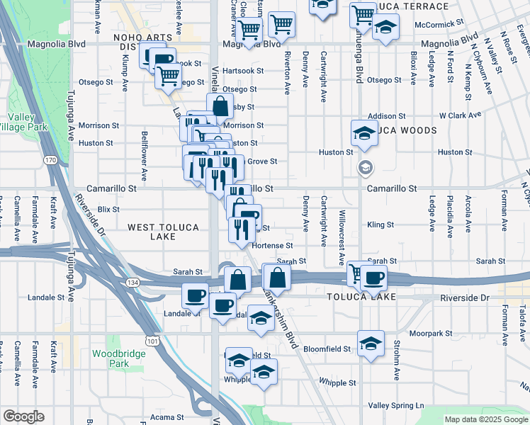 map of restaurants, bars, coffee shops, grocery stores, and more near 10834 Blix Street in Los Angeles