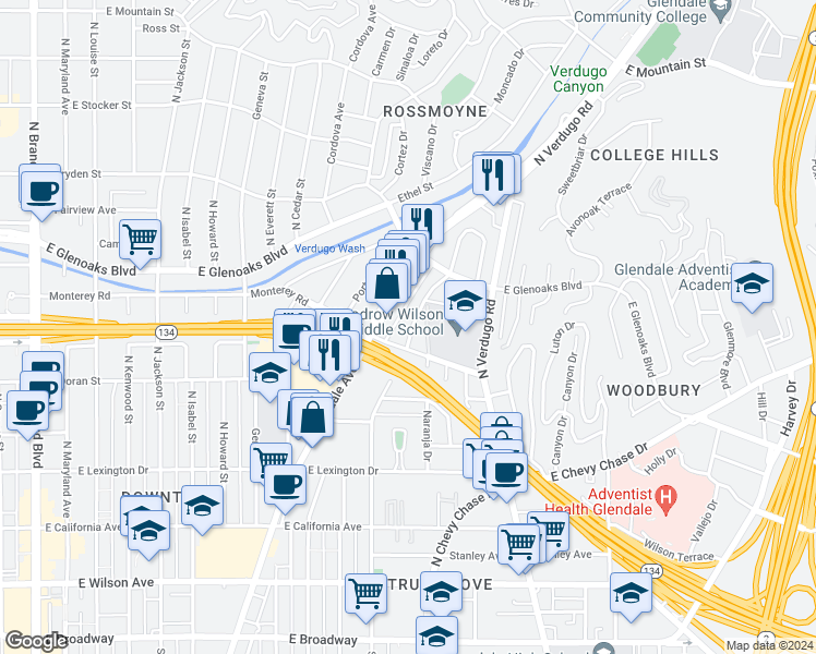 map of restaurants, bars, coffee shops, grocery stores, and more near 713 North Adams Street in Glendale