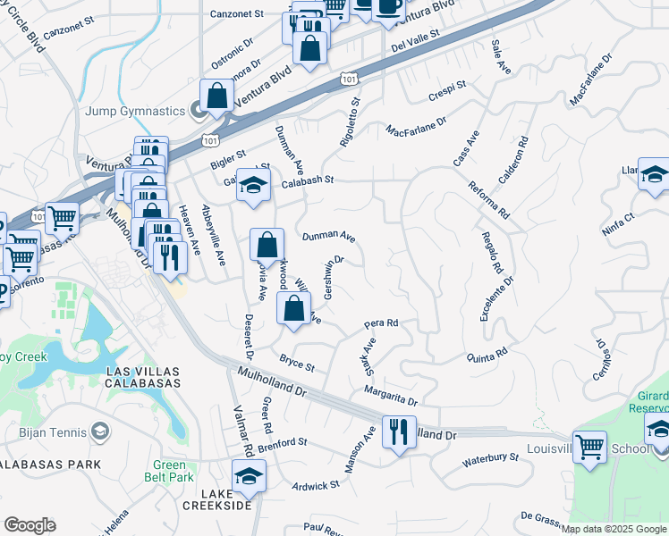 map of restaurants, bars, coffee shops, grocery stores, and more near 22901 Gershwin Drive in Los Angeles