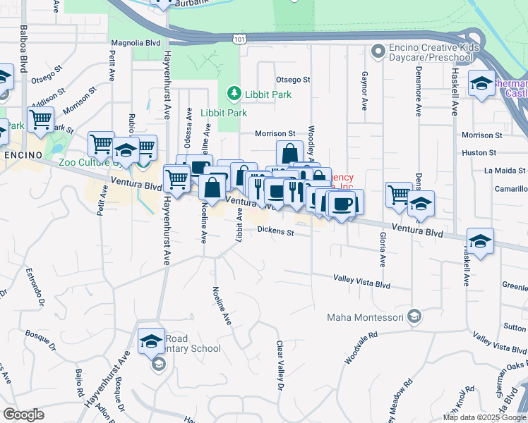 map of restaurants, bars, coffee shops, grocery stores, and more near 16226 Ventura Boulevard in Los Angeles