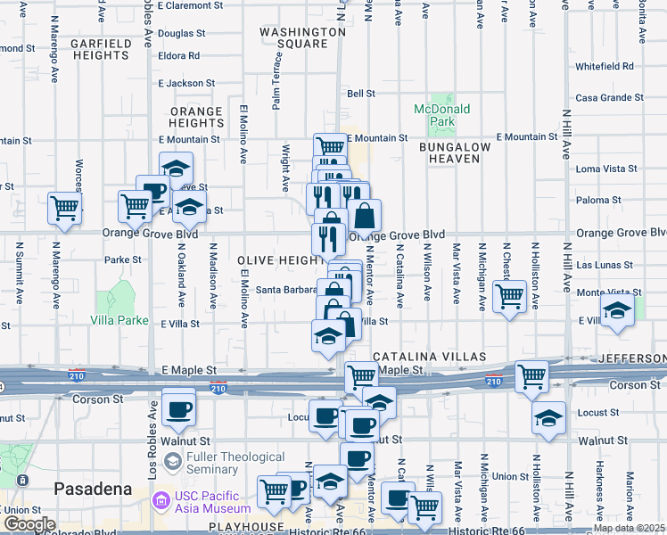 map of restaurants, bars, coffee shops, grocery stores, and more near 605 North Lake Avenue in Pasadena