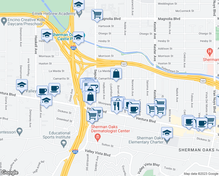 map of restaurants, bars, coffee shops, grocery stores, and more near 4725 Columbus Avenue in Los Angeles