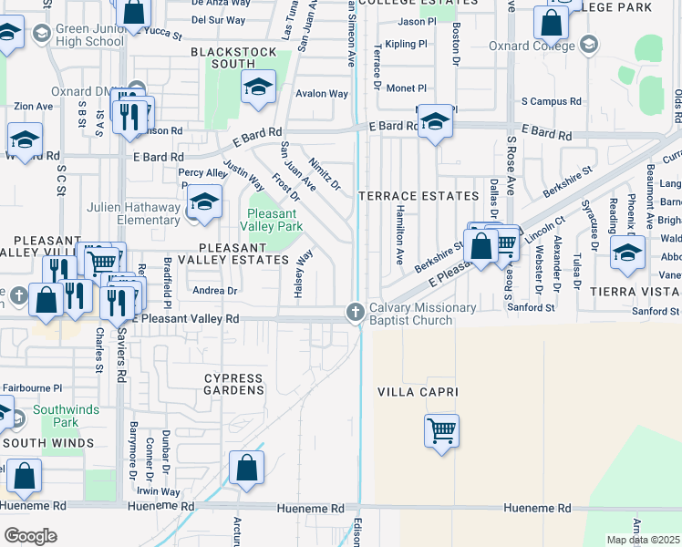 map of restaurants, bars, coffee shops, grocery stores, and more near 4900 Justin Way in Oxnard