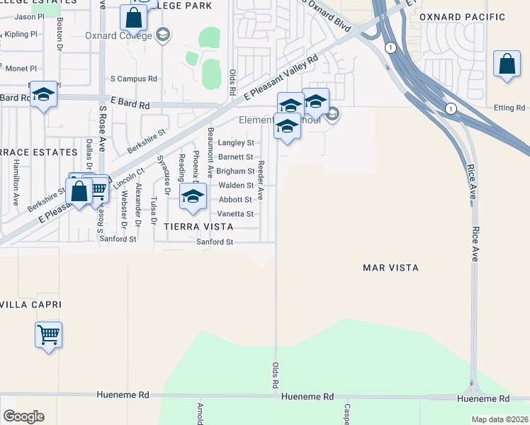 map of restaurants, bars, coffee shops, grocery stores, and more near 4764 Reeder Avenue in Oxnard
