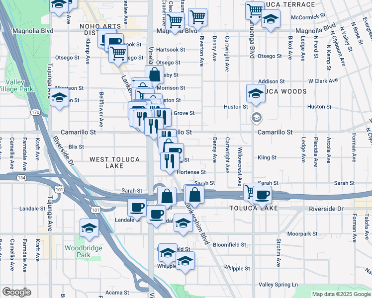 map of restaurants, bars, coffee shops, grocery stores, and more near 10864 Blix Street in Los Angeles