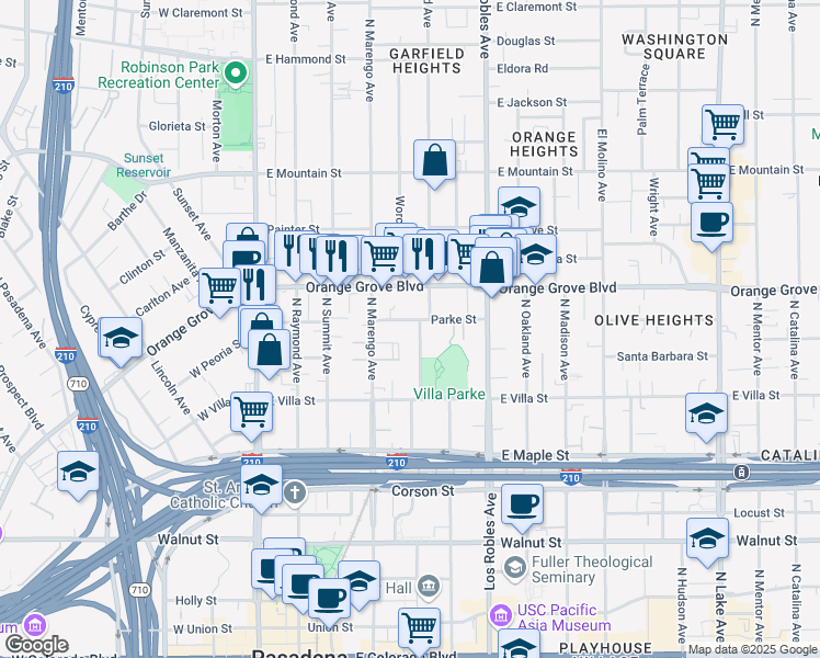 map of restaurants, bars, coffee shops, grocery stores, and more near 282 Parke St in Pasadena
