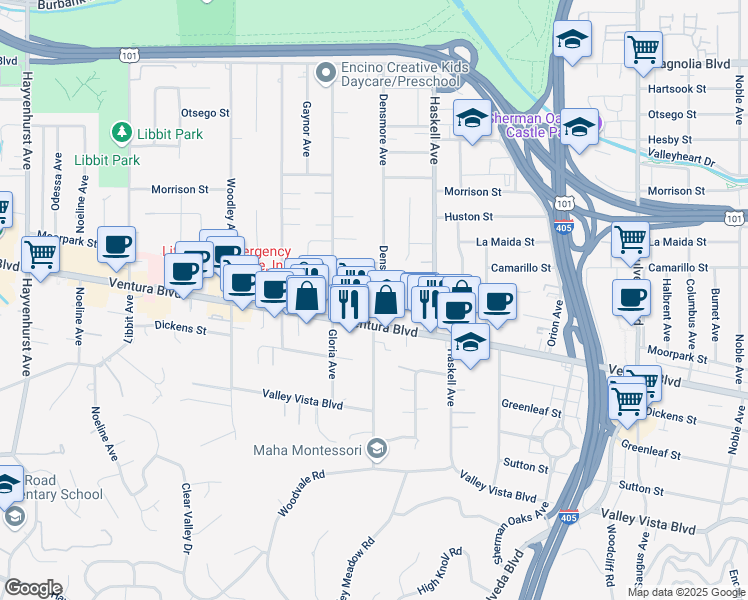 map of restaurants, bars, coffee shops, grocery stores, and more near 15808 Moorpark Street in Los Angeles