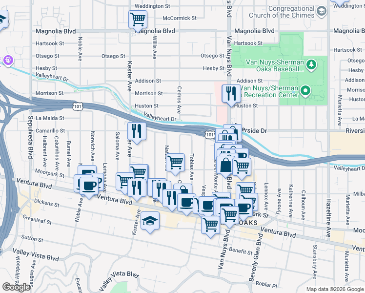 map of restaurants, bars, coffee shops, grocery stores, and more near 4712 Cedros Avenue in Los Angeles