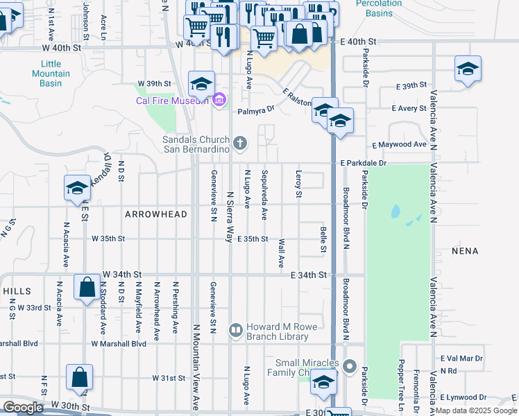 map of restaurants, bars, coffee shops, grocery stores, and more near 3598 Sepulveda Avenue in San Bernardino