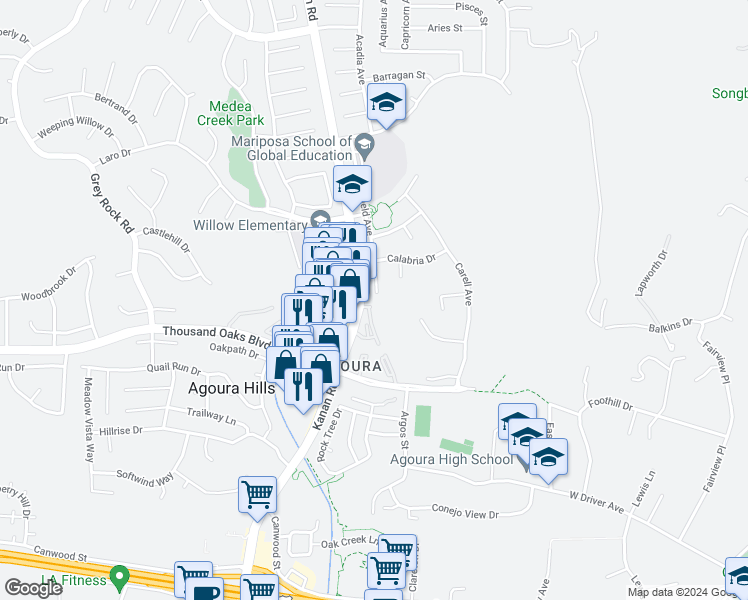 map of restaurants, bars, coffee shops, grocery stores, and more near 5800 Calmfield Avenue in Agoura Hills