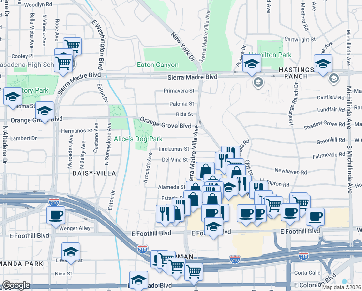 map of restaurants, bars, coffee shops, grocery stores, and more near 3275 Las Lunas Street in Pasadena